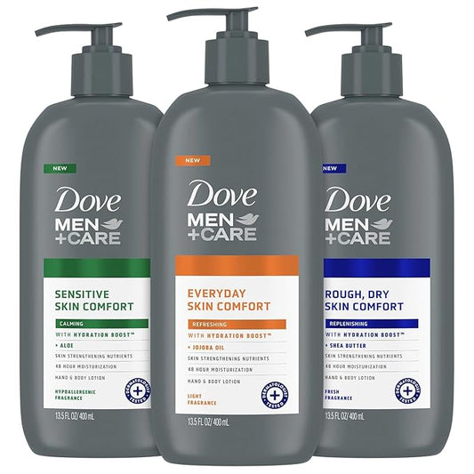 Dove Hand & Body Lotion, Men+Care Variety Pack – Rough Dry Skin Comfort with Shea Butter, Sensitive Skin Comfort with Aloe Vera, Everyday Skin Comfort with Jojoba Oil, 13.5 Oz Ea (3 Piece Set)