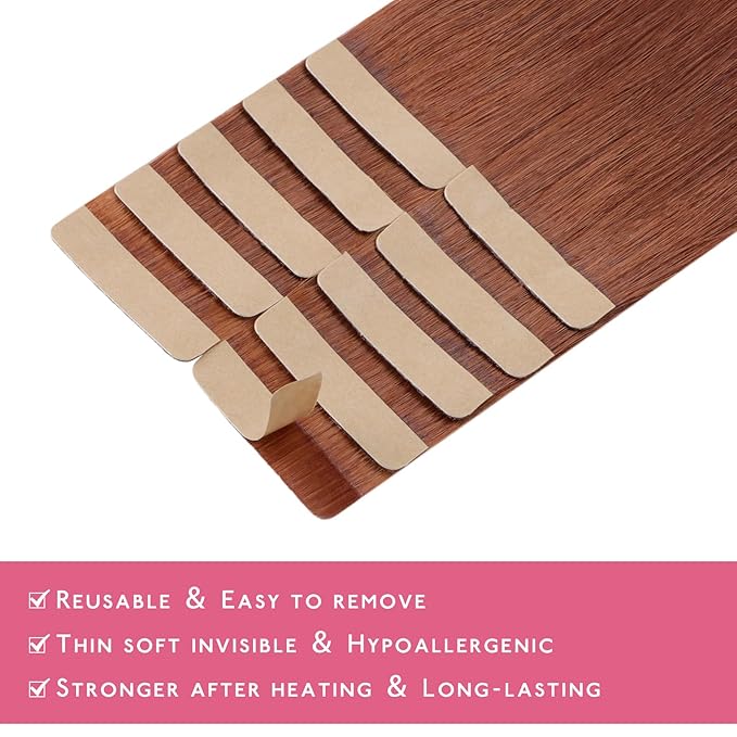 WENNALIFE Tape in Hair Extensions Human Hair Dark Auburn Copper Tape in Extensions, 10pcs 20g 12 inch Remy Invisible Tape Ins Straight Colored Soft Real Human Hair Tape in Extensions Refill Set Extens