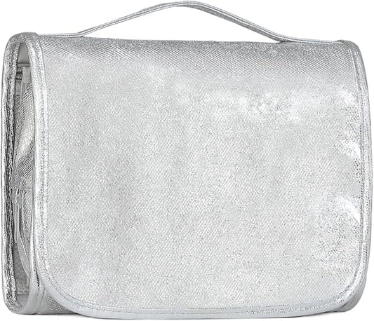 Travel Toiletry Bag for Women,Hanging Travel Toiletry Bag with Jewelry Organizer Compartment,Makeup Bag, Waterproof and Dirt Resistant, Travel Essentials,Bright Silver