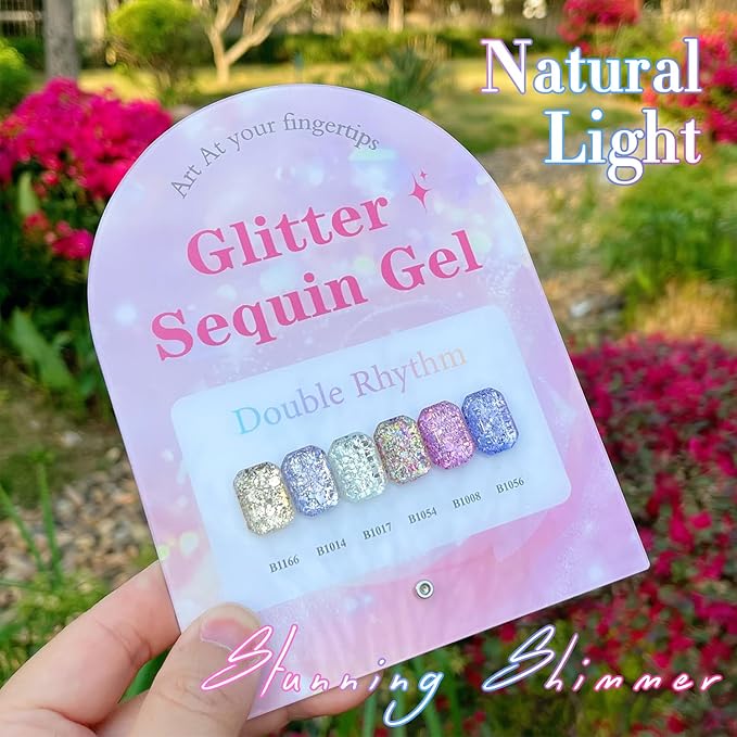 Double Rhythm 0.5 Oz Glitter Gel Polish Set of 6 Color with Display Board 15 ml Full Size Kit Shimmer Reflective Sparkle Soak Off Manicure Salon DIY at Home (Gold Blue Silver Purple Pink-T6-37)