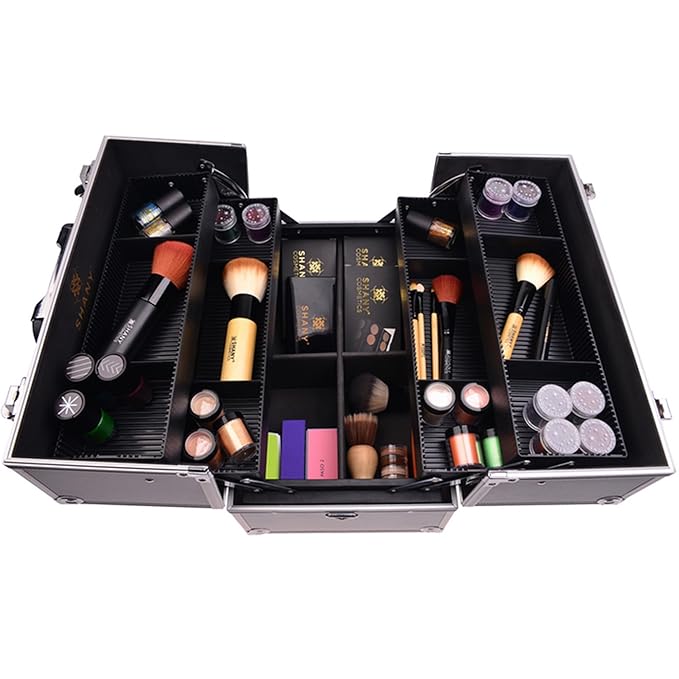 SHANY Essential Pro Makeup Train Case Cosmetic Box Portable Makeup Case Cosmetics Beauty Organizer Jewelry storage with Locks, Multi Compartments Makeup Box and Shoulder Strap - Silver