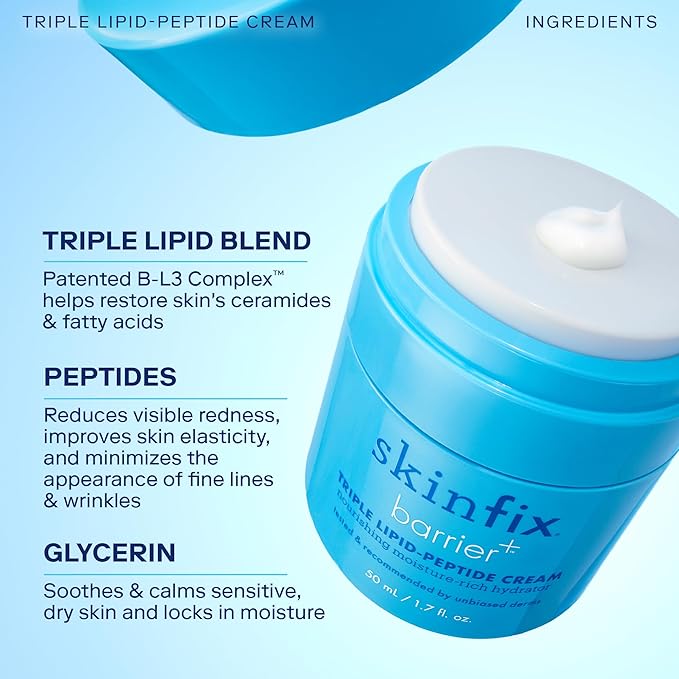 Skinfix Barrier+ Triple Lipid-Peptide Cream: Enriched with Lipids, Peptides, Hyaluronic Acid, and Shea Butter for Brightening, Firming, and Plumping, 3 oz