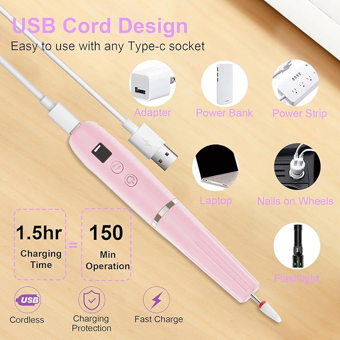Professional Nail Drill Kit；Rechargeable Electric Nail Filer for Acrylic Nail File，Cordless Nail File Electric for Beginners and Professionals Manicure and Pedicure Set with Rechargeable，Pink