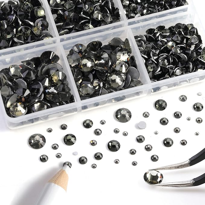 Beadsland 8300PCS Flatback Rhinestones, Gray Rhinestone Round Crystal Rhinestones for Crafts, Mixed 10 Sizes with Wax Pencil and Tweezer Kit, SS3-SS30, Black Diamond