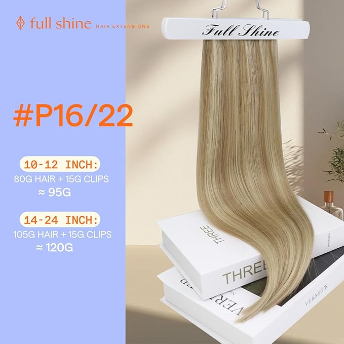 Full Shine Clip in Hair Extensions Blonde Highlights Real Hair Extensions Clip in Human Hair Blonde Remy Straight Hair Full Head 7 Pieces 22 Inch