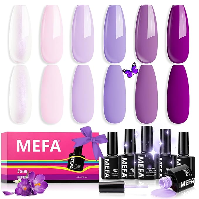 MEFA Purple Gel Nail Polish, 6 Colors Gel Polish Set Pink Shimmer Purple Nail Polish Soak Off Grape Lilac Violet Gel Nail Art Manicure DIY Salon Gifts for Women Girls