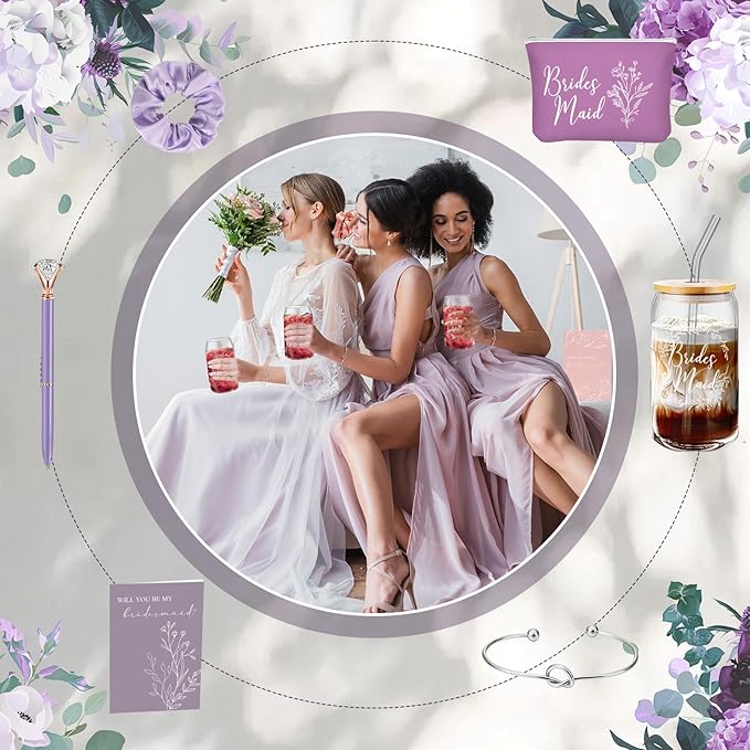 Irenare 36 Pcs Bridesmaid Proposal Gifts Bridal Shower Gifts 16 oz Glass Cup Cosmetic Makeup Bags Invited Cards Scrunchies Hair Knotted Bracelets Diamond Pens Favors for Wedding (Purple)