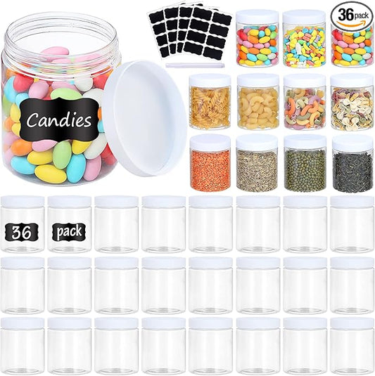36PCS 8OZ Plastic Jars with Screw On Lids, Pen and Labels Refillable Empty Round Slime Cosmetics Containers for Storing Dry Food, Makeup, Slime, Honey Jam, Cream, Butter, Lotion (White)