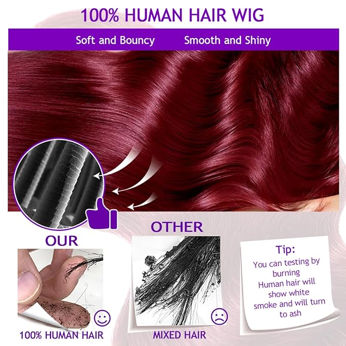99J Burgundy Lace Front Wigs Human Hair Pre Plucked 13x6 Body Wave HD Transparent Lace Frontal Glueless Wigs Human Hair Red Wigs For Black Women Natural Hairline with Baby Hair 24 Inch