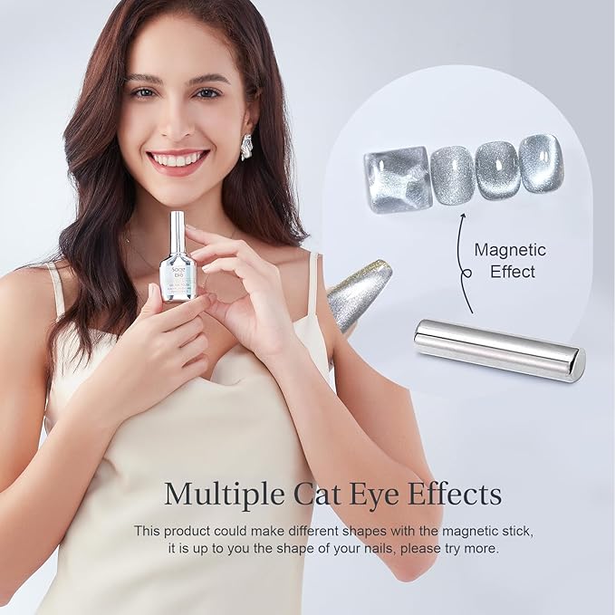 Cat Eye Gel Nail Polish with Magnet Stick, 15ml Glitter Holographic Nail Polish, Magnetic Effect Gel for Home DIY Manicure Gift, Silver Dust