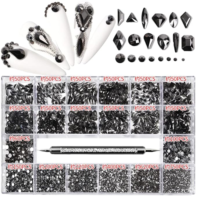3100Pcs Nail Crystal Rhinestones Kit, Mix Shapes AB Glass, 3D Diamonds Flatback Crystals, with a Drill Pen, Nail Crystal Non Hotfix, Nail Art Decoration(Mineral Black)