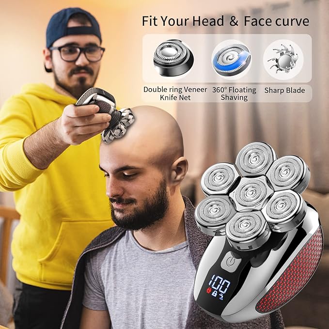 Head Shaver for Bald Men 7D, Bald Head Shavers for Men Wet&Dry,CHLANT 5-in-1 Electric Head Shaver for Men Head Razor Cordless Rechargeable Waterproof, Electric Razor for Men Rotary Shaver Grooming Kit