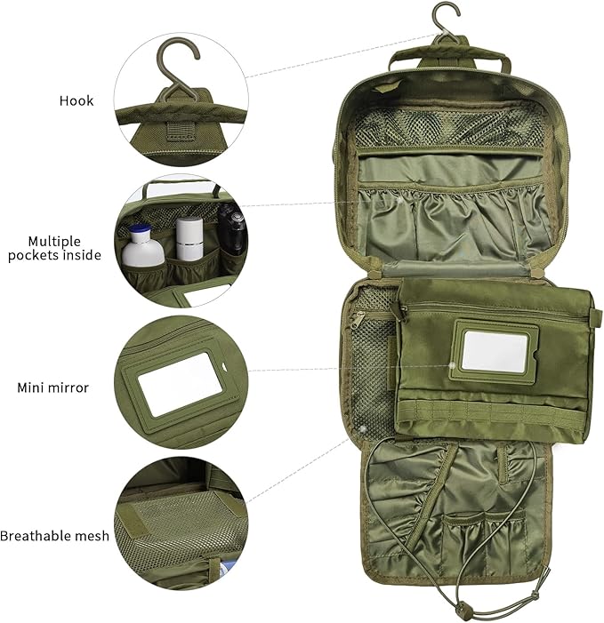 SUNRISING Tactical Toiletry Bag for Men - Hanging Travel Dopp Kit, Shaving Hygiene Organizer, Durable Bathroom Essentials for Short Trips & Camping Army Green