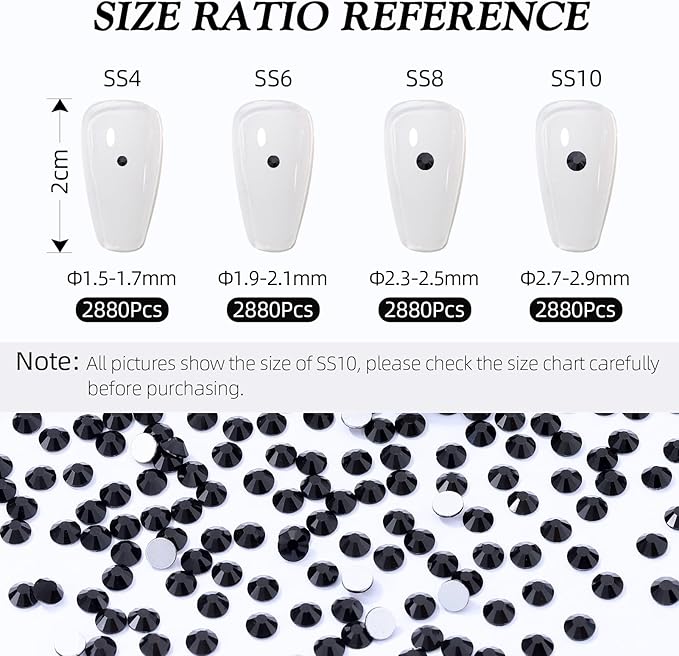 Black Flatback Rhinestones, Glass Rhinestones for Nail Art and Craft, Glue Fix, Loose Crystal Gemstones(Black, SS8, 2880pcs, 2.3-2.5mm)