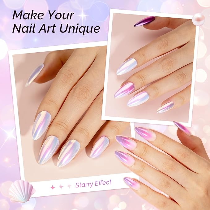MelodySusie Unicorn Chrome Nail Powder,Ice Transparent Aurora,Mirror Effect,Color Changing Pearlescent,Multi-color Chrome Rainbow Pigment Super Shiny,Suitable for Home DIY Nail Salon