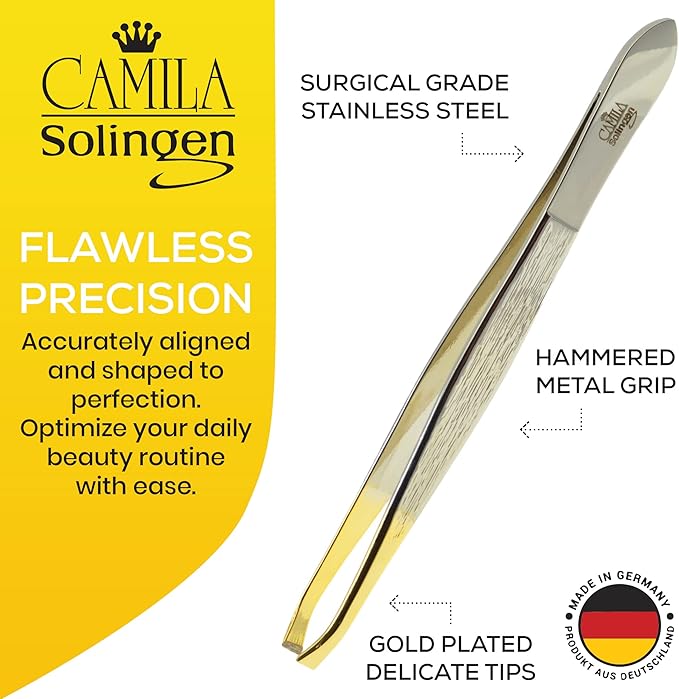 CS30 3.5 Inches Gold Tipped, Surgical Grade, German Stainless Steel Tweezers (Claw) - Flawless Eyebrow and Facial Hair Shaping and Removal for Men/Women