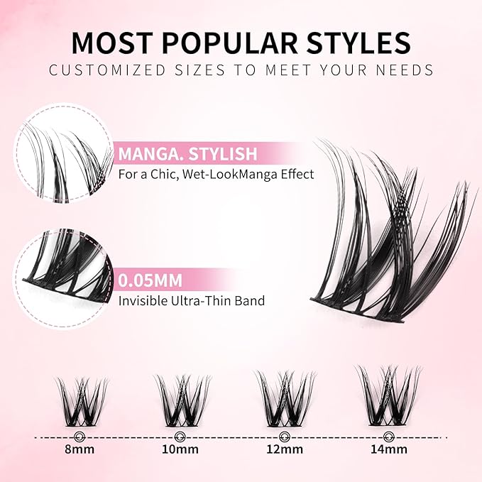 Short Lash Clusters Flora 8-14mm Individual Lashes D Curl Eyelash Clusters Spiky Wispy Eyelash Clusters 0.05mm Ultra-Thin Black Cotton Band(Short Flora Only Lashes)
