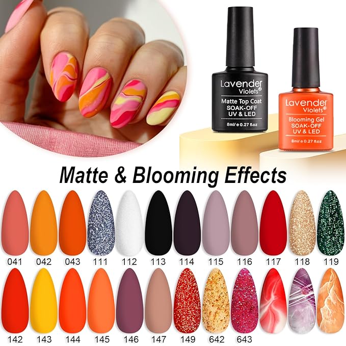 Lavender Violets 26 PCS Blooming Gel Nail Polish Set, 21 Colors Marble Flower Watercolor Solid Glitter Red Brown Green Black with Base Coat Glossy and Matte Top Coat Liner Brush Pen C406