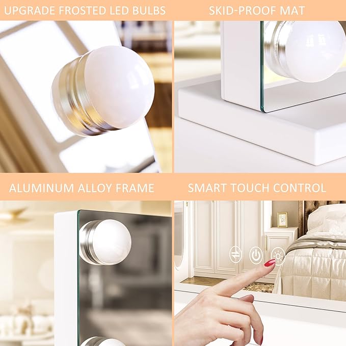 22.8 x 18.2 Vanity Makeup Mirror with Lights, 10X Magnification,Large Hollywood Lighted Vanity Mirror with 15 Dimmable LED Bulbs, USB Charger Port, Tabletop or Wall-Mounted White