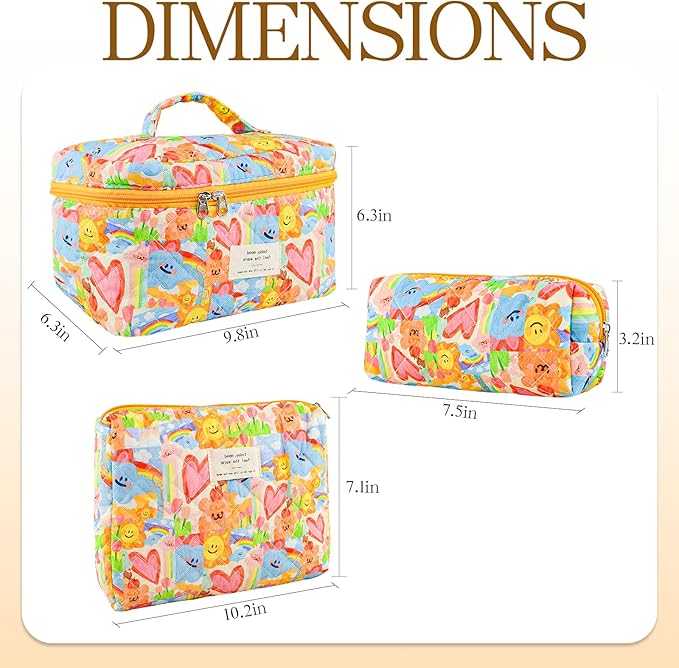 Makeup Bag, 3 PCS Quilted Makeup Bag, Cute Floral Cotton Cosmetic Bag set, Coquette Makeup Pouch Large Travel Toiletry Bag