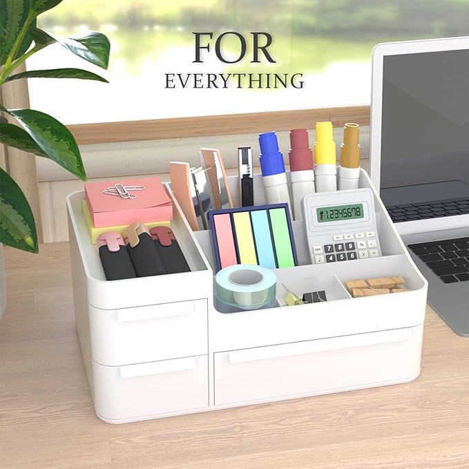 Makeup Organizer with Drawers, Countertop Organizer for Vanity, Bathroom and Bedroom Desk Cosmetics Display Case for Brushes, Lotions, Perfumes, Eyeshadow, Lipstick and Nail Polish, White