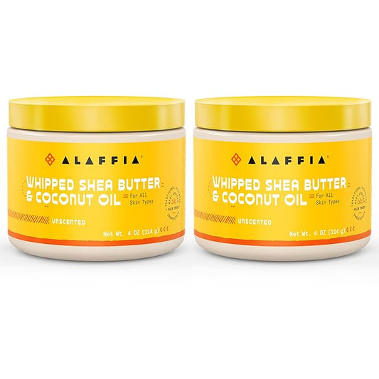 Alaffia Whipped Shea Butter & Coconut Oil, Skin Care and Hair Care, Nourishing Moisturizer Improves Elasticity and Repairs with Vitamin E, Unscented, 2 Pack - 4 Oz Ea