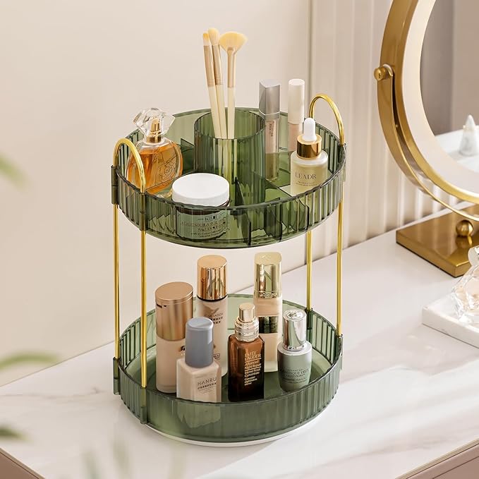 HBlife 360 Rotating Makeup Organizer, 2 Tier Perfume Organizer Skincare Organizer Large Capacity Cosmetic Storage for Bathroom, Vanity, Countertop, Green