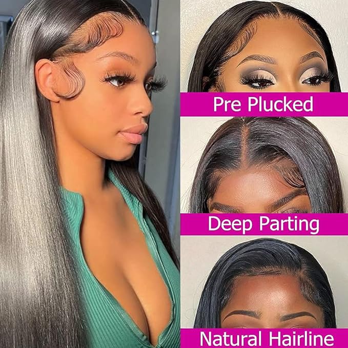 13X4 Ear To Ear Lace Frontal Closure Straight Frontal HD Lace Human Hair 100% Brazilian Virgin Hair 150 Density HD Transparent Lace Natural Black Pre-Pulled Baby Hair (16 Inch)