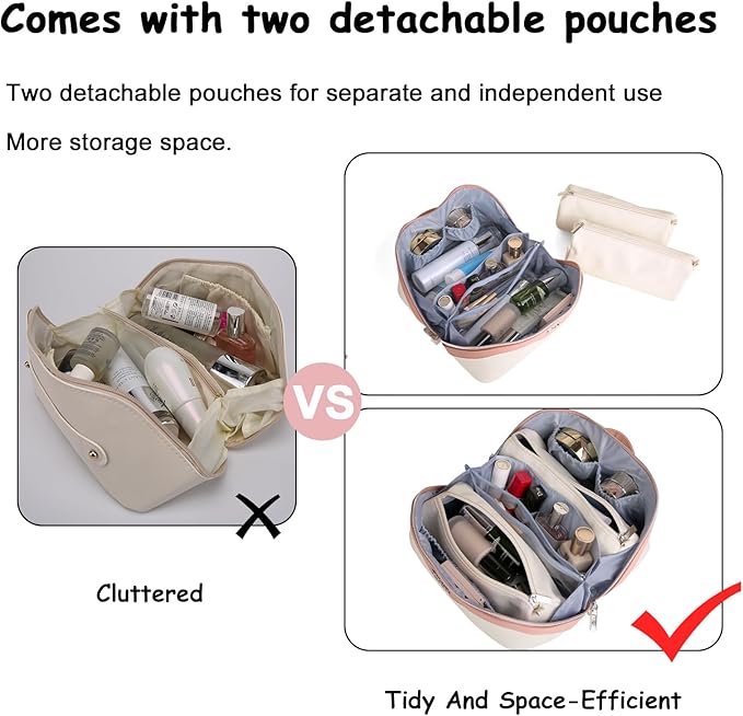 BOYATU Travel Makeup Bag Set: Portable Make up Bag for Traveling - Leather Cosmetic Bags for Women - Waterproof Toiletry Organizer Bags with Handle (D-02-White)