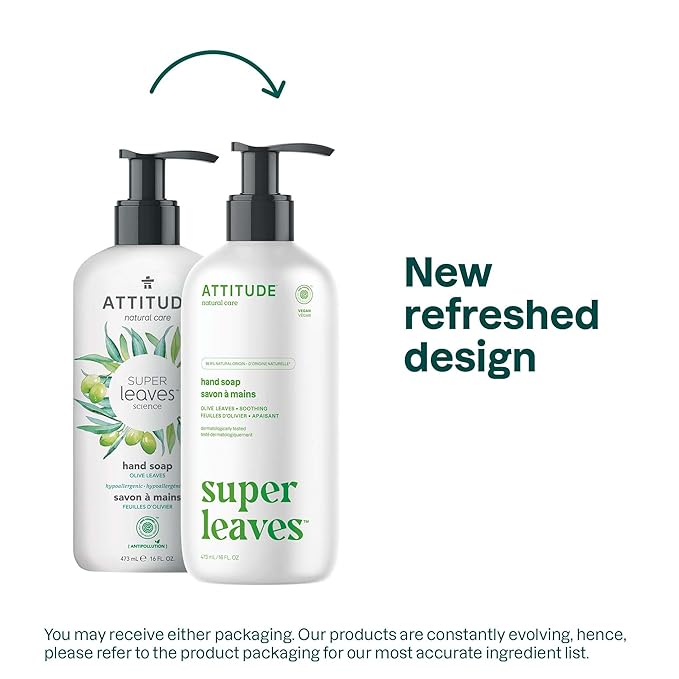 ATTITUDE Liquid Hand Soap, EWG Verified, Plant and Mineral-Based, Vegan Personal Care Products, Olive Leaves, 16 Fl Oz (Pack of 6)