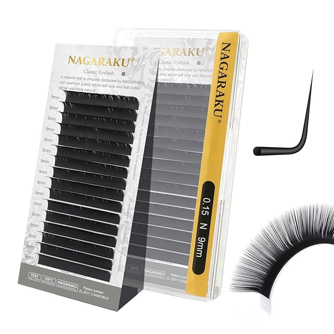 NAGARAKU Eyelash Extensions Individual Lashes Extensions Classic Lash Matte Black 16 Rows Soft Natural Matte Black Professional Beauty Salon Lashes Supplies - 0.15N 9mm