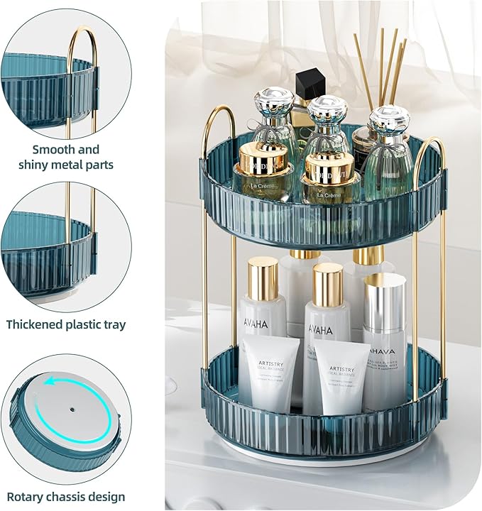 360° Rotating Makeup Organizer, Bathroom Organizers and Storage Holder Rack, Large Capacity Vanity Shelf Countertop, Fits Cosmetics, Perfume, Skin Care(Blue, 2 Tiers)