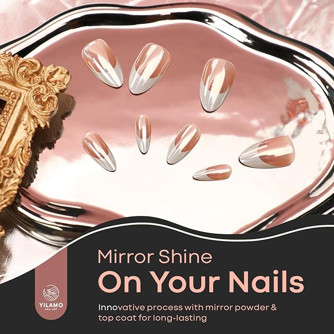 Almond Press On Nails - Medium, Mirror White Sheen French Tip, 300 PCS in 15 Sizes, 2 Colors, Chrome Glazed Glue On Nails for Daily Use and Gifts