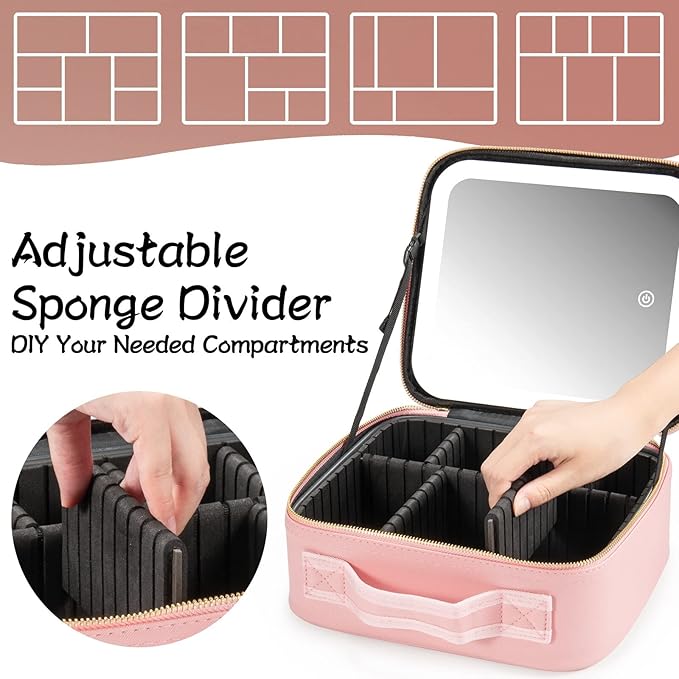 Makeup Travel Train Case with Mirror LED Light 3 Adjustable Brightness Cosmetic Bag Portable Storage Adjustable Partition Waterproof Makeup Brushes Makeup Jewelry Gift for Women