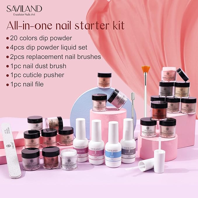 Saviland 29 Pcs Dip Powder Nail Starter Kit, 20 Fall Colors Nude Pink Brown Golden Powder Nail Dipping Liquid Set Recycling Tray with Base Top Coat Activator for French Nail Art Manicure DIY Salon