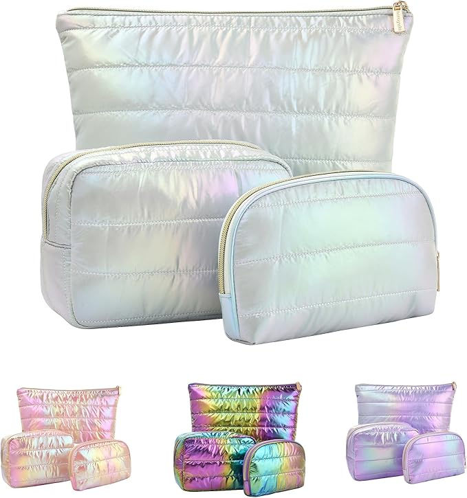 Hiroyuki 3pcs Iridescent Quilted Makeup Bag (plain, cyan)