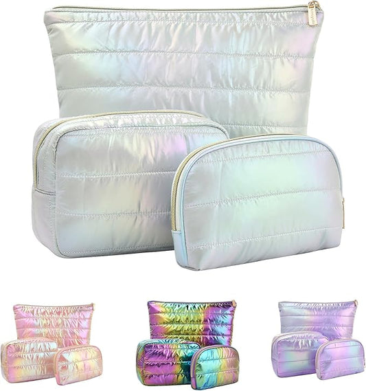 Hiroyuki 3pcs Iridescent Quilted Makeup Bag (plain, cyan)