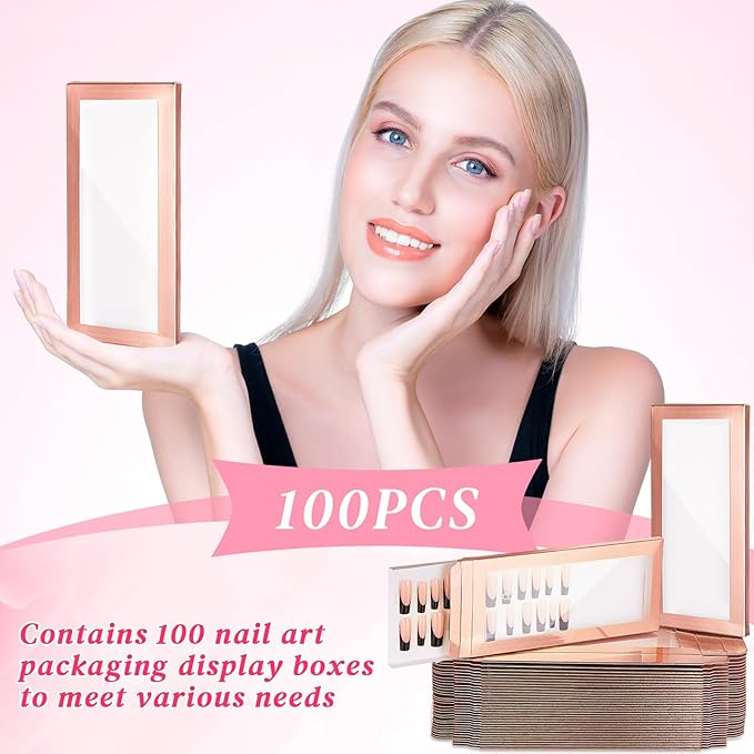 Yeaqee 100 Pieces Empty Nail Package Box with 100 Pcs White Background Papers Empty Nail Tip Box Packaging with 240 Pcs Adhesive Double Sided Tape Set for Press on Business Salon(X-Large)