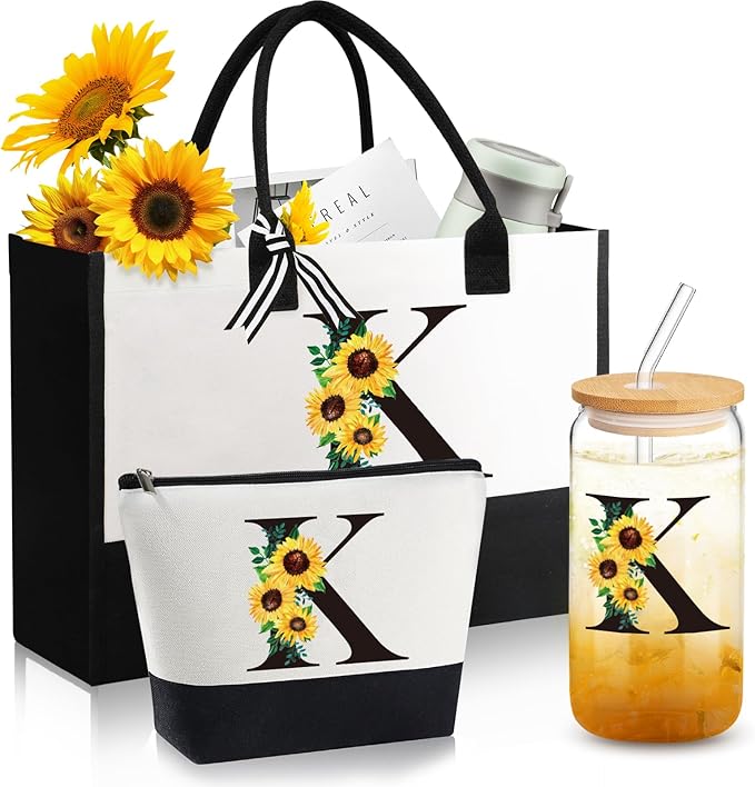 Personalized Gifts for Women, Monogrammed Gifts for Women, Initial Monogram Gifts Sunflower Birthday Gifts for Women Mom Sister Best Friends - Monogrammed Canvas Tote Bag & Makeup Bag & Glass Cup K