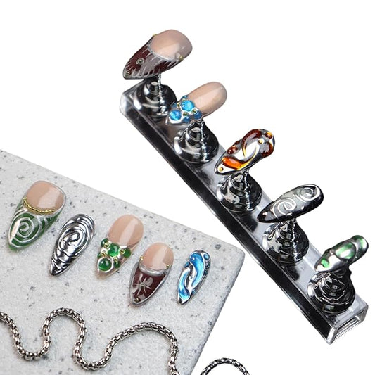 Almond Press on Nails Handmade Medium Long/Stiletto 3D Flower Fake Nail with Designs, Women Reusable False Nails (French Tip Silver, L)