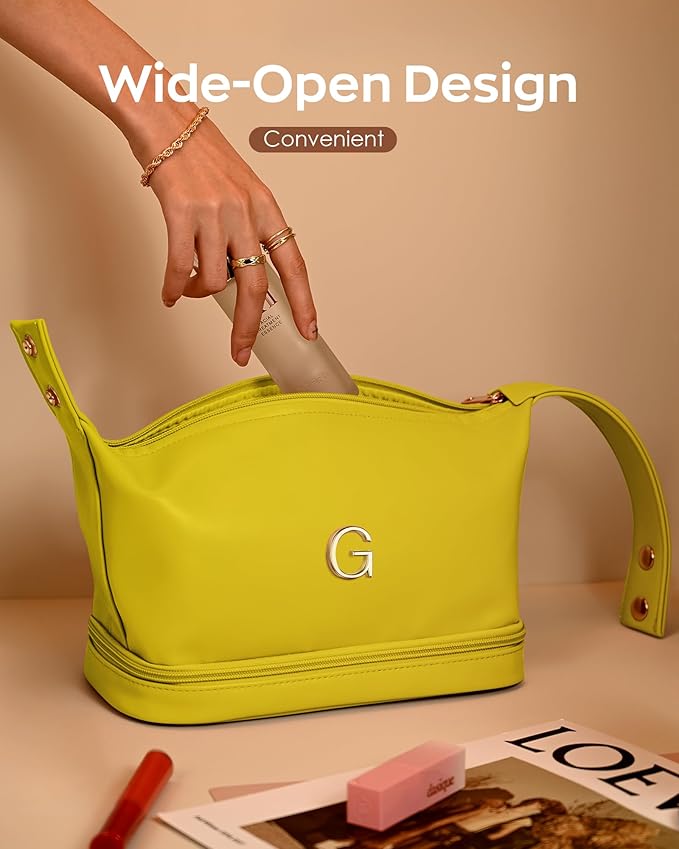 Women Gift, Personalized Makeup Bag with Handle, Initial Double Layer Cosmetic Bag with Makeup Brush Organizer, Cute Cosmetic Pouch for Women, Gifts for Friends Female Mom