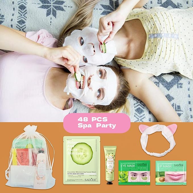 48 Pcs Spa Party Supplies, Facial Masks,Under Eye Patches,Hand Cream, Lip mask,Headband and Organza Bags, Spa Party Favors, Home Spa Sleepover Set for All Skin Type,Gift for Women Mothers Day Gift