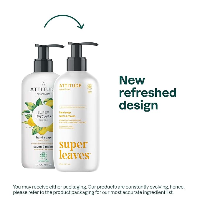 ATTITUDE Liquid Hand Soap, EWG Verified, Plant and Mineral-Based, Vegan Personal Care Products, Lemon Leaves, 16 Fl Oz (Pack of 6)
