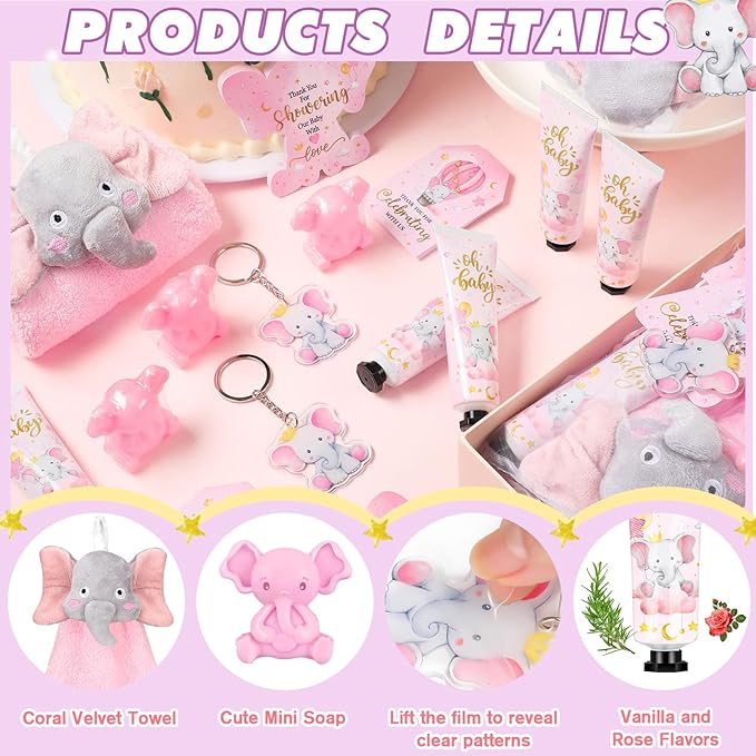 168 Pcs Pink Elephant Baby Shower Favors Baby Shower Gifts Bulk Hand Cream Towels Soaps Keychains Organza Bags Guest Appreciation Gift with Thank You Tags and Cards for Boys Girls Guest