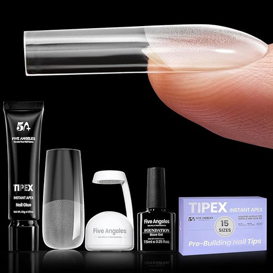 Tipex Nail Tips Kit,Pre-etched Acrylic Hard Nail Tips Set for Beginners,Long Square Full Cover Press On Nails,Deep C Curve Flat Nails,UV Nail+Glue+LED Lamp+Base Gel