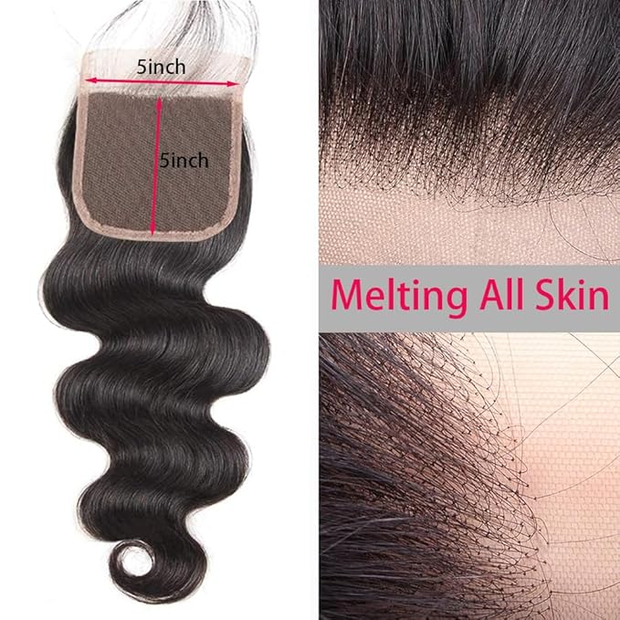 Brazilian Body Wave Bundles With Closure Human Hair (16 18 20+5x5 Lace Closure 14Inch) 3 Bundles Human Hair With 5X5 HD Lace Closure 100% Human Hair Bundles With Closure Black