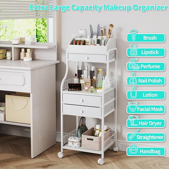 HapiRm Floor Makeup Organizer Storage - Vanity Skincare Make Up Organizers and Storage with Drawers, Cosmetics Display Cases Holder for Skin Care Nail Polish Perfume Makeup Brush