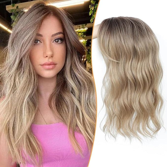 PANEWAY Hair Topper 16Inch Hair Toppers For Women Wavy Curly Ombre Blonde With Dark Root Clip In Hair Topper Add Hair Volume Synthetic Wiglets Hair Pieces For Women