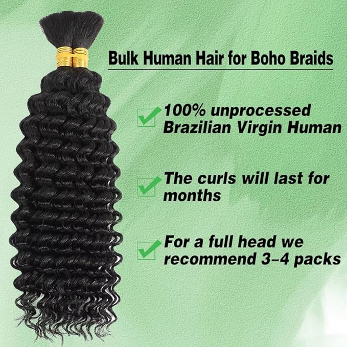 Human Braiding Hair for Boho Braids Human Hair Braid Hair 2 Bundles/Pack 100g 18 Inch Deep Wave Boho Hair Braid No Weft Curly Bulk Human Hair 12A Brazilian Virgin Hair Extensions Natural Color
