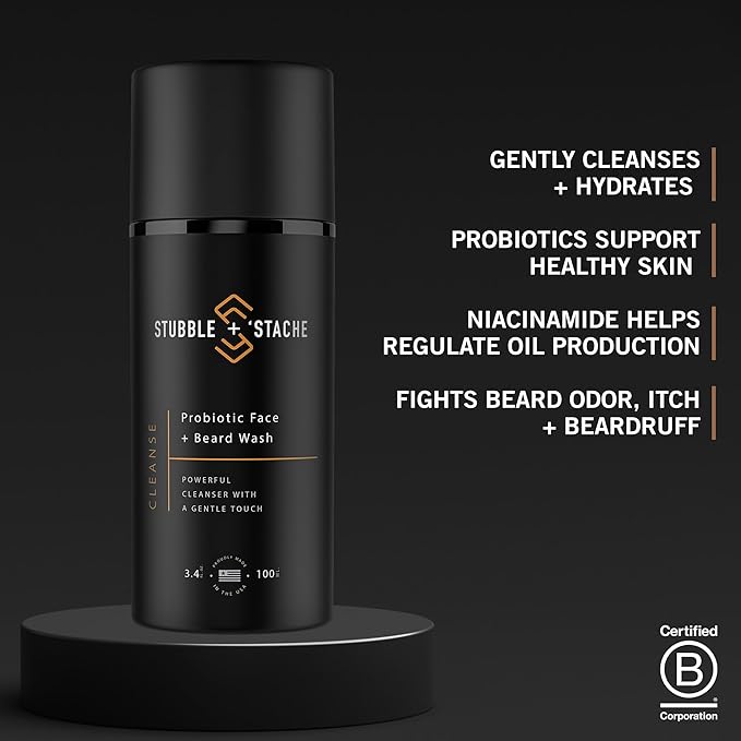 stubble & stache Face Wash and Beard Wash for Men – Daily Facial Cleanser with Niacinamide, Aloe Vera, Green Tea, and Probiotics – Fragrance-Free – 3.4 fl oz